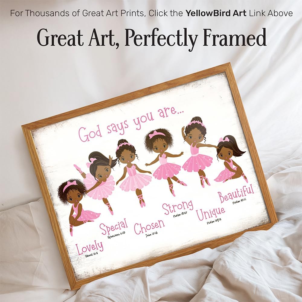 Black Afro African American Girl 11x14 FRAMED - God Says Christian Bible Verses Wall Art, Religious Room Decor, Toddler Little Girls Bedroom Decor, Pink Ballerina Baby Room Decorations, Daughter Gifts