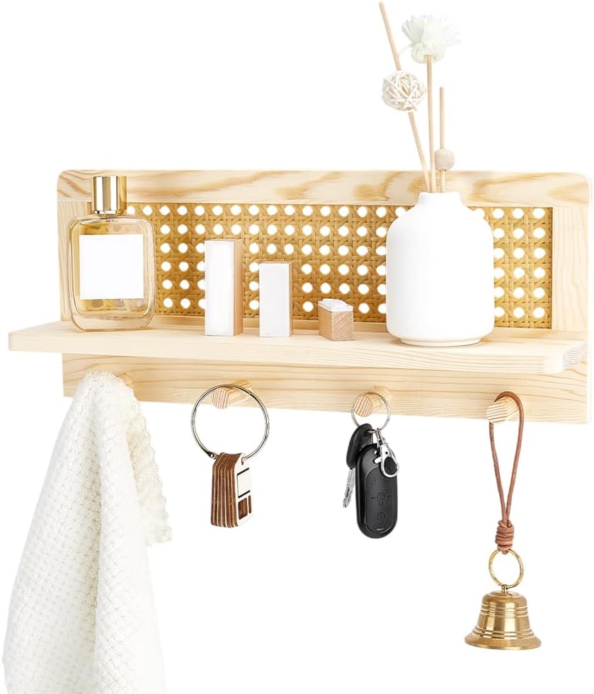 PH PandaHall Rattan Wall Shelf, Rustic Wooden Wall Shelf with Hooks, Decorative Wood Key Holder Rack with Floating Shelf for Entryway Living Room Kitchen Hallway Bedroom Office