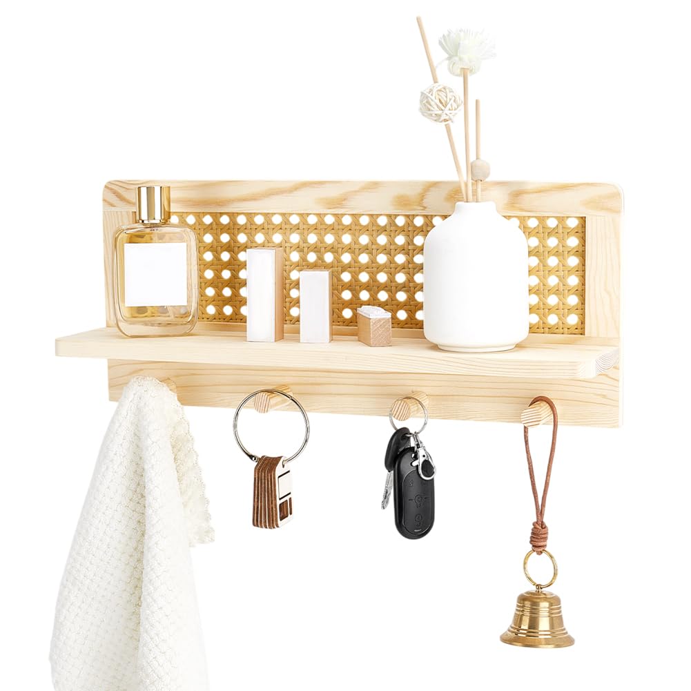 Étagère murale en rotin bohème et porte-clés en bois d'entrée 40cm