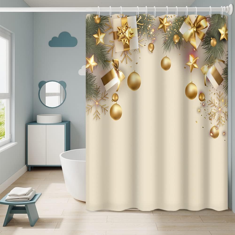 Gold Christmas Shower Curtain with Hooks Green Pine Leaves and Golden Xmas Balls Stars Snowflakes Classic Design Print Shower Curtain for Bathroom Home Decorative, 72x78 Inch
