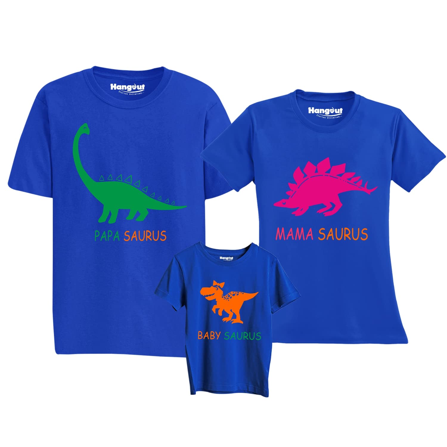 Hangout Hub Men's, Women's & Girl's Round Neck Cotton Printed Regular Fit T-Shirts| Family T shirts| Set of 3| Papa Mamma Baby Saurus | Blue Color| Matching Twinning Tees