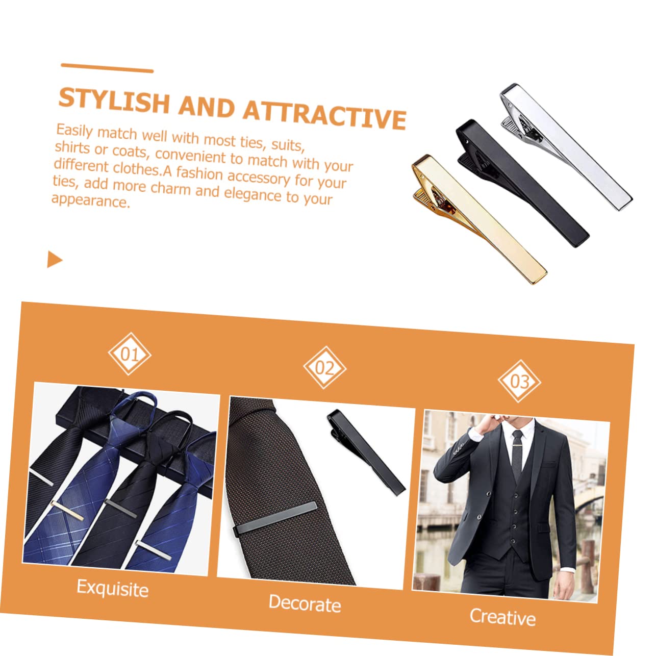 3 Stück-pack Herren Krawattenklammern aus Kupfer in Silber Gold und Schwarz Modisches und Vielseitiges Accessoire für Business Meetings und Alltag