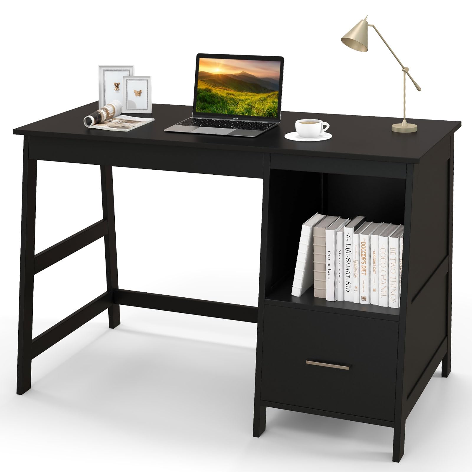 Tangkula 47.5” Computer Desk with 2 Storage Drawers, Small Computer Table Study Writing Desk, Modern Home Office Desk Study Desk with Storage Space (Black)