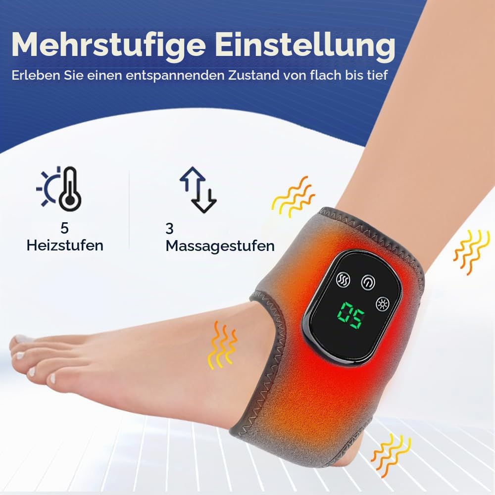 Elektrisch Fußmassagegerät Tragbares kabelloses Knöchelmassagegerät mit 1800mAh Akku, 5 Wärmestufen 3 Vibrationsmodi, Aufladbare Massagegerät für Knöchel, Ferse, Sohle, Fußrücken