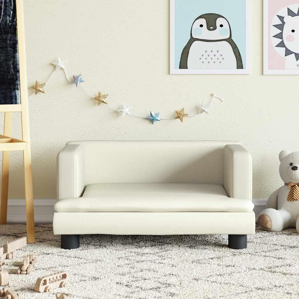 Sofa dziecięca kremowa ze sztucznej skóry, 60 x 40 x 30 cm, ze stabilną ramą z drewna sosnowego, wyściełana, do pokoju dziecięcego, obciążenie do 50 kg, odpowiednia dla dzieci w wieku 3-6 lat
