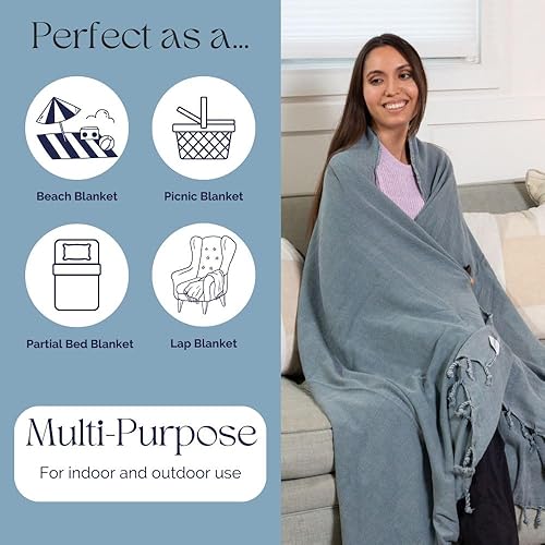 Miniatura 9 de Manta turca grande lavada a la piedra en azul mezclilla gris-azul, suave, acogedora y ligera, perfecta para usar como un sofá biplaza o manta de