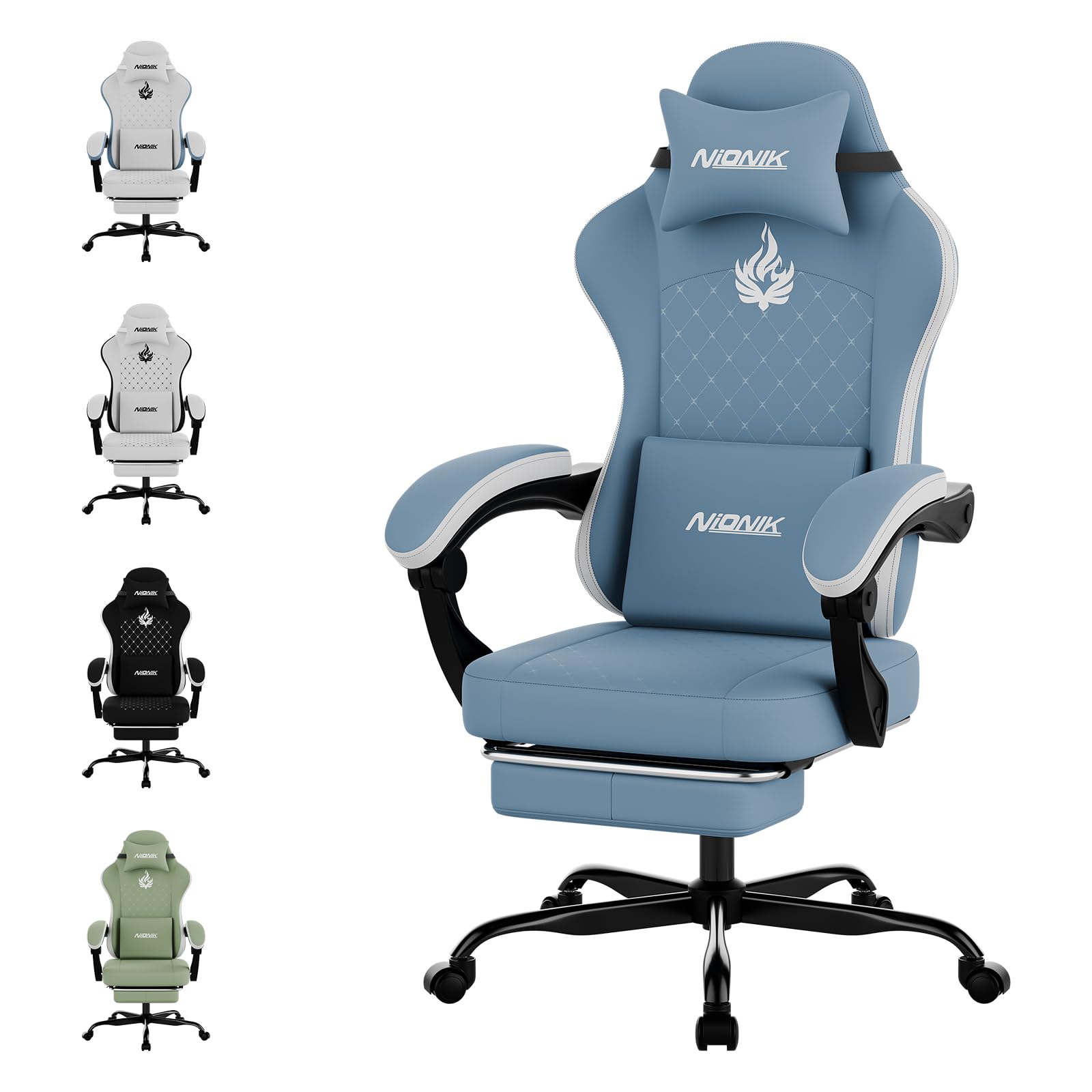 NIONIK Gaming Stuhl, Ergonomischer Bürostuhl mit Fußstütze & Lordosenstütze, Höhenverstellbarer Schreibtischstuhl für Erwachsene, PC Gaming Stuhl für E-Sports, E-Sport, Streaming und Homeoffice