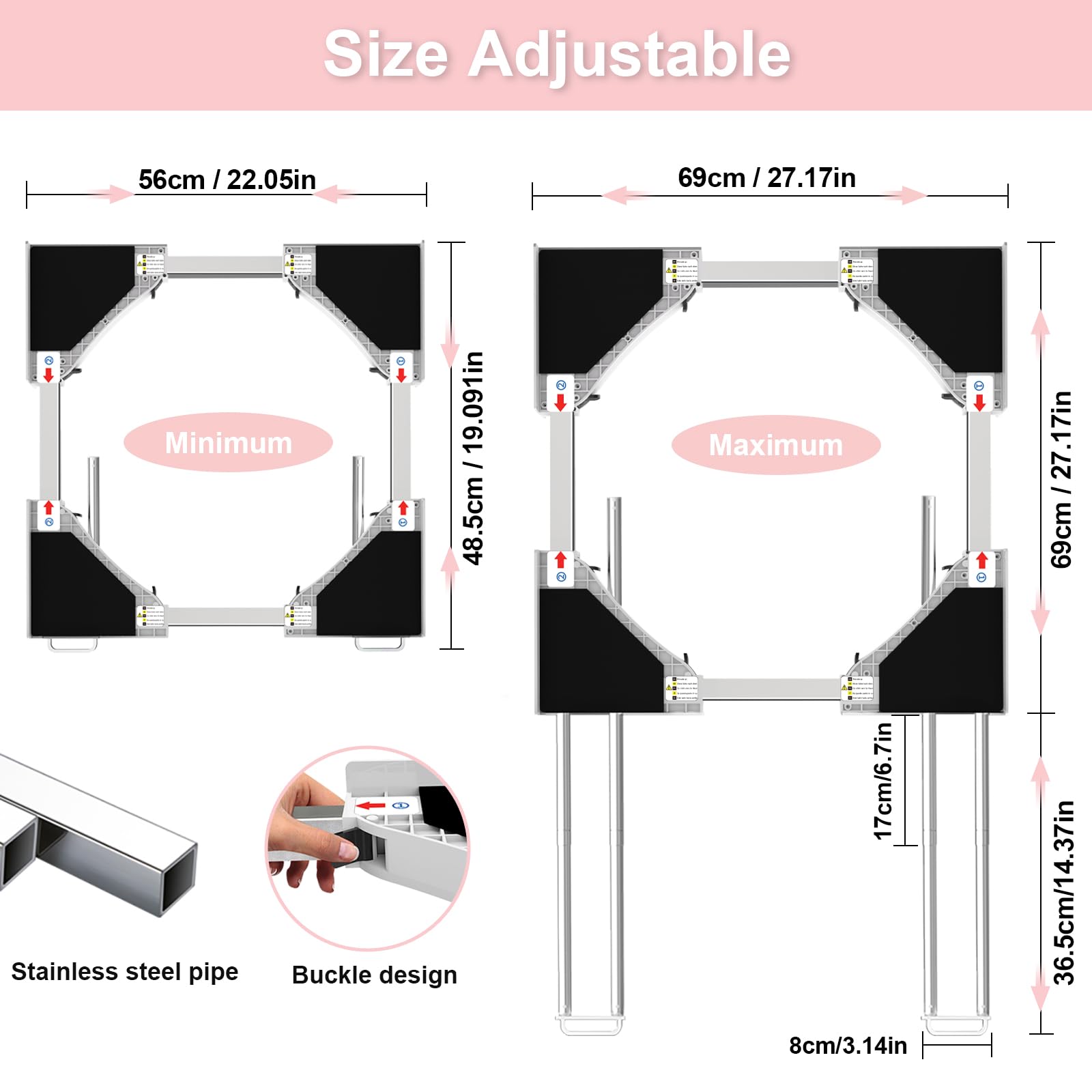 NIUXX Kit sovrapposizione lavatrice asciugatrice, con 4 aste telescopiche, Telaio Intermedio Universale per Lavatrice e Asciugatrice con Cinghie Cricchetto, misura regolabile (46-66 cm)
