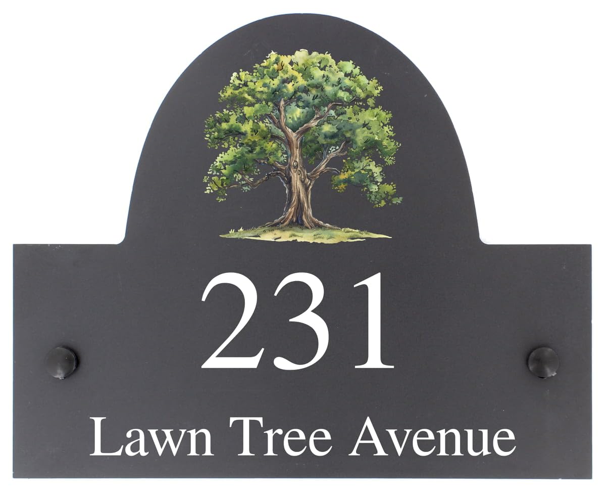 Personalised Oak Tree Motif Slate House Name or Number Plaque/Sign - 25x20cm - Premium Smooth Stone Slate