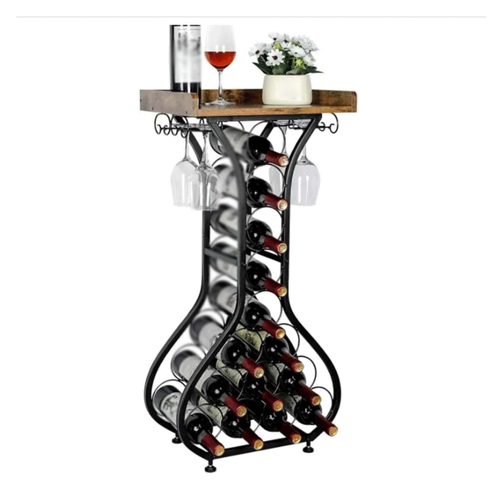SDA287MZ Storage Vintage Freestanding Floor Wine Rack Wrought Iron and Wood