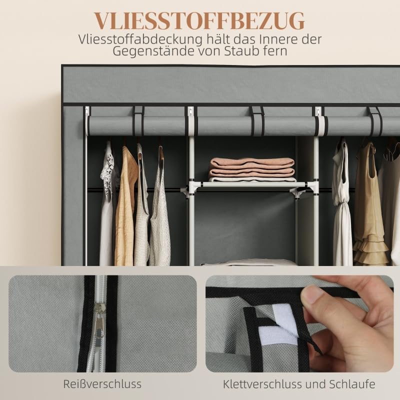 I0I&I0I Kleiderschrank Stoffschrank Faltschrank mit Reißverschluss & Kleiderstange, 3 Schubladen & 5 Ablagen, Faltbarer Garderobenschrank 125x43x162,5 cm für Schlafzimmer & Ankleidezimmer (Hellgrau)