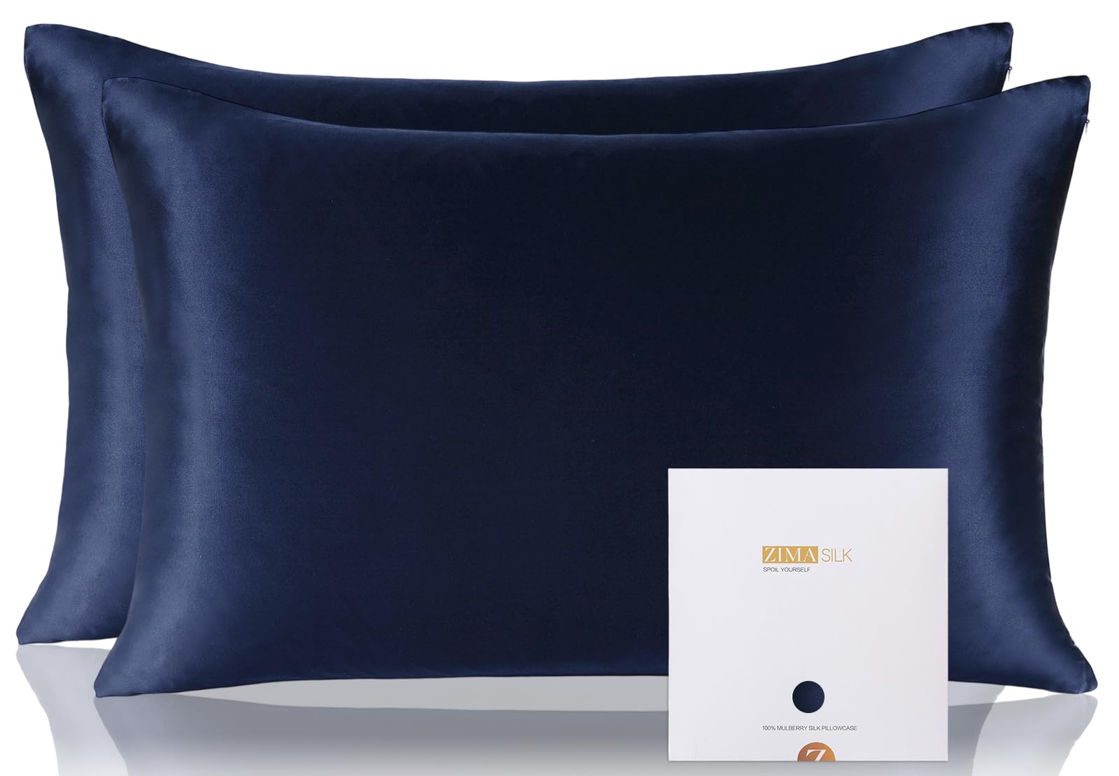 ZIMASILK 100% Pure Mulberry Silk Pillowcase 2 pack, Soft and Smooth,Both Sides Premium Grade 6A Silk,600 Thread Count,with Hidden Zipper (Standard 50x75 cm,Navy Blue)