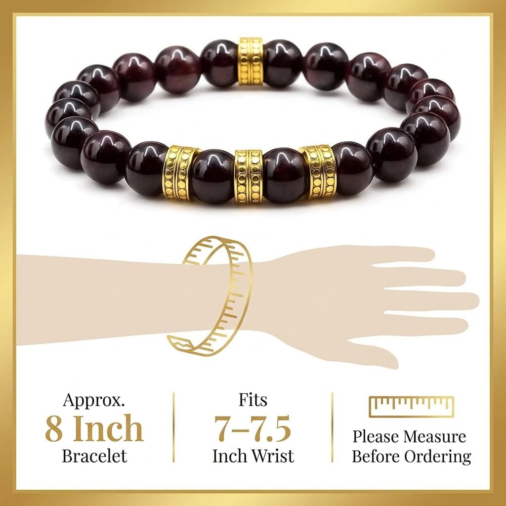 Kartini Studio Men's Garnet and Gold Bracelet, Garnet Bracelet, Quality Bead Jewelry for Men