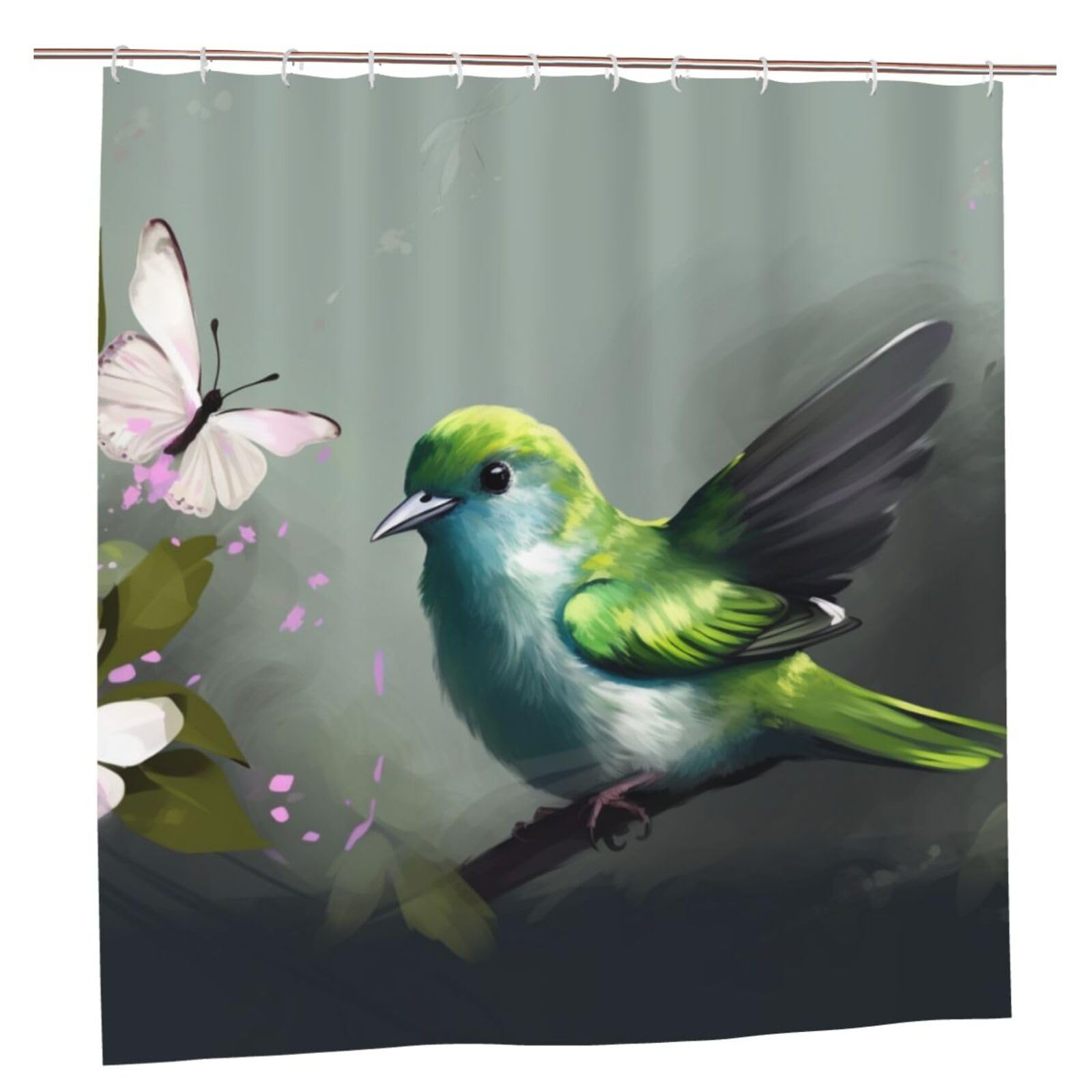 BWWHCCTI Green bird Printed Shower Curtain With 12 Plastic Hooks Opaque Quick Drying Waterproof Shower Curtains Sets For Bathroom 183x183 CM