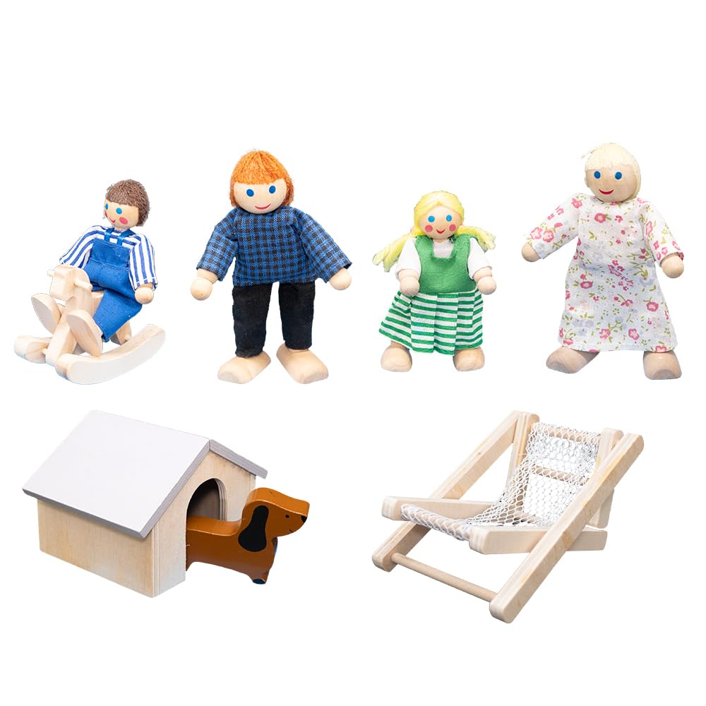 howa Casa delle bambole pieghevole in legno 7016, include 30 mobili, 4 bambole e cane, con 4 stanze, balcone, giardino, scale, casa delle bambole, naturale, beige