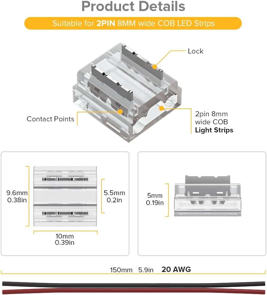 SEZO FCOB COB 2PIN 8mm LED Light Strip Connectors Kit 12PCS Transparent Unwired Gapless Solderless LED Light Strip to Wire/Strip to Strip Connectors + 4PCS 15cm Long 20AWG Extension Wire