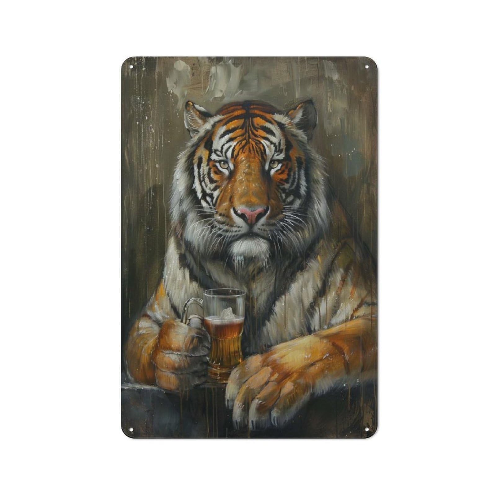 Classic Beer Drinking Tiger Metal Wall Plaque 30x20cm, Nostalgic Wall Art for Living Room, Hallway, Kitchen Or Cafe