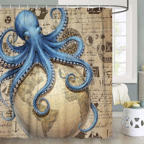Image of Vintage Nautical Octopus Shower Curtain, Navy Blue Funny Ocean Shower Curtains for Bathroom, Sailing Boat Anchor Coastal Map Bath Curtain Waterproof Fabric with 12 Hooks 72x84 Inch