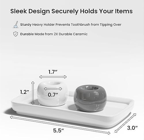 Miniatura 7 de Soporte de cerámica para cepillos de dientes con bandeja para encimera de baño, soporte pequeño para cepillos de dientes con soporte para pasta de
