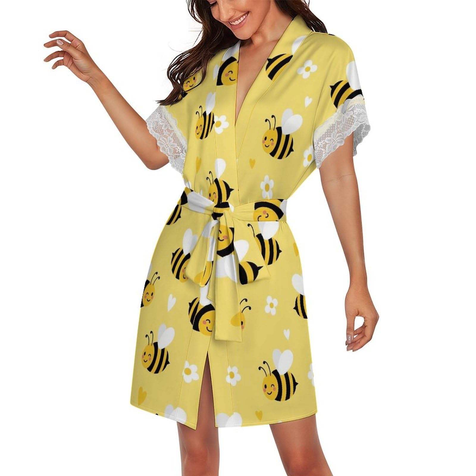 Womens Lace Silk Robes Kimono Bathrobe V Neck Sleepwear