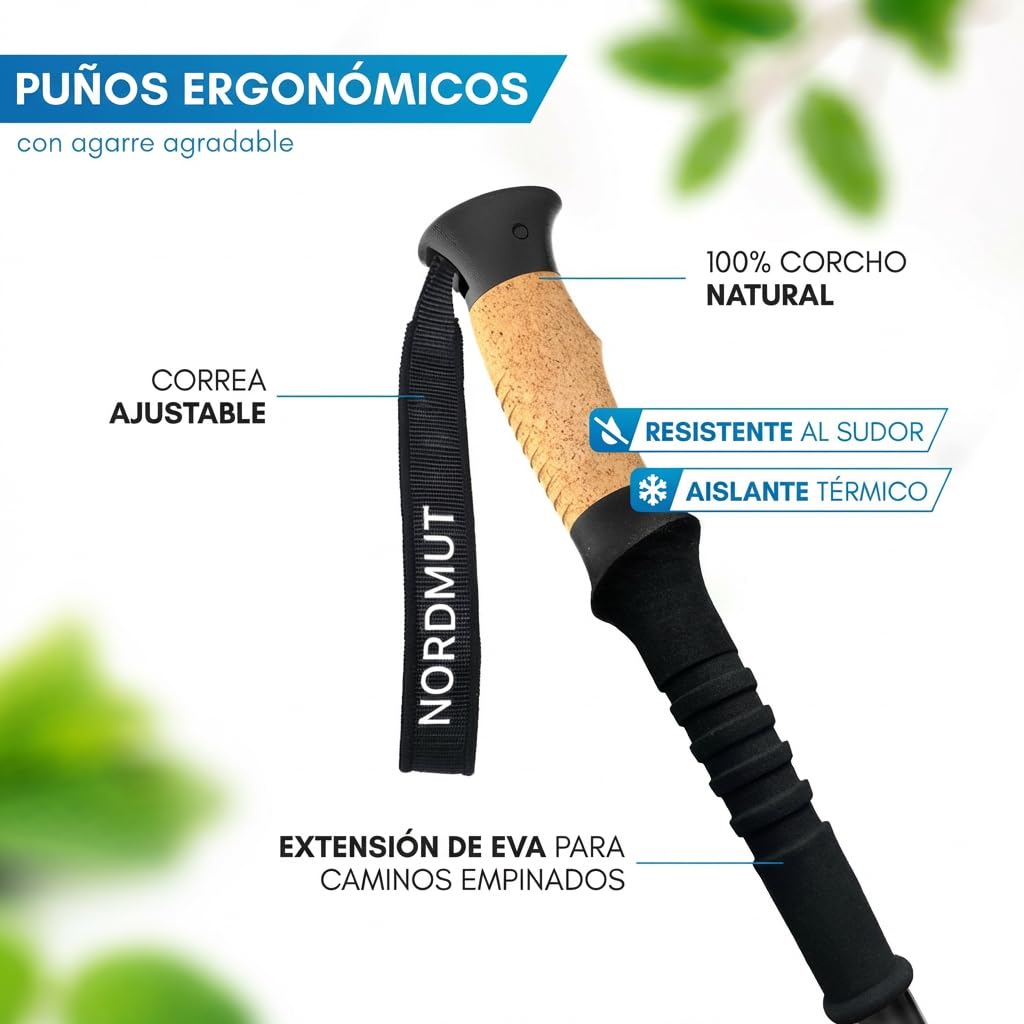 NORDMUT® Bastones de Senderismo Telescópicos | Nordic Walking Mujeres y Hombres | Bastones de Trekking Ultraligeros [con Set de Gomas] Ajustables con Empuñadura de Corcho Natural