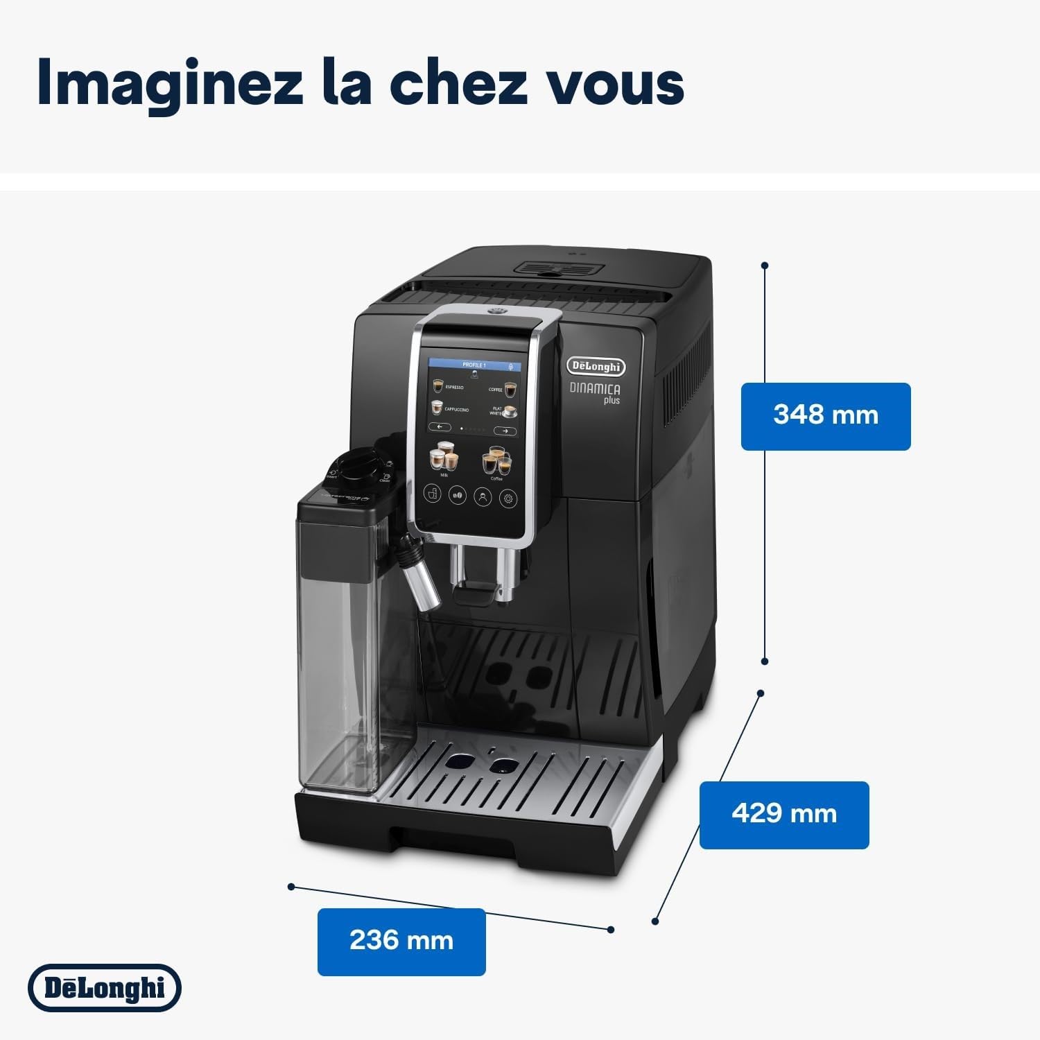 De'Longhi Dinamica Plus ECAM382.70.B, Machine Automatique à Café en Grains, Cafetière avec Technologie LatteCrema, Machine Espresso avec 18 Recettes, Écran TFT 3,5", 1450W, Noir