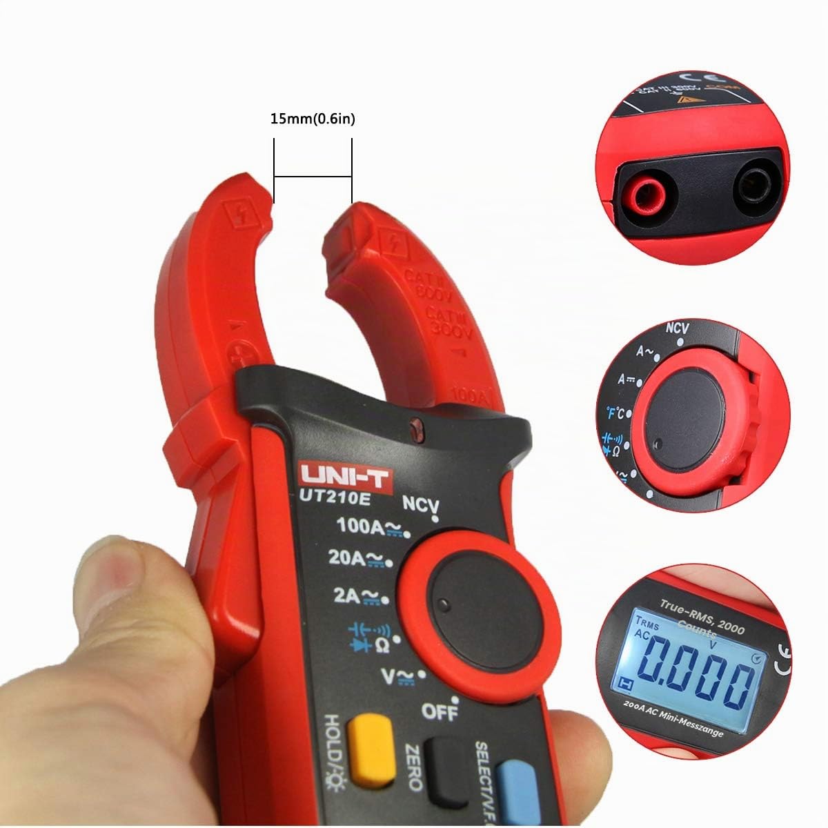 UNI-T UT210E Digitale Strommesszange Amperemeter Voltmeter Vollautomatisch AC DC Multimeter Zange zum Messen von Wechselstrom, GleichStrom, AC/DC Spannung, Widerstand, Ohm
