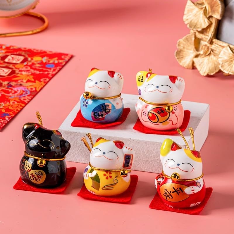 5 Piezas Mini Maneki Neko,Figuras De Gato De La Suerte,Maneki Neko Figurines,Figuras Japonesas De Gatos De La Suerte, Gato De La Suerte Chino Lucky Cat Para Decoración De La Mesa Interior Del Coche