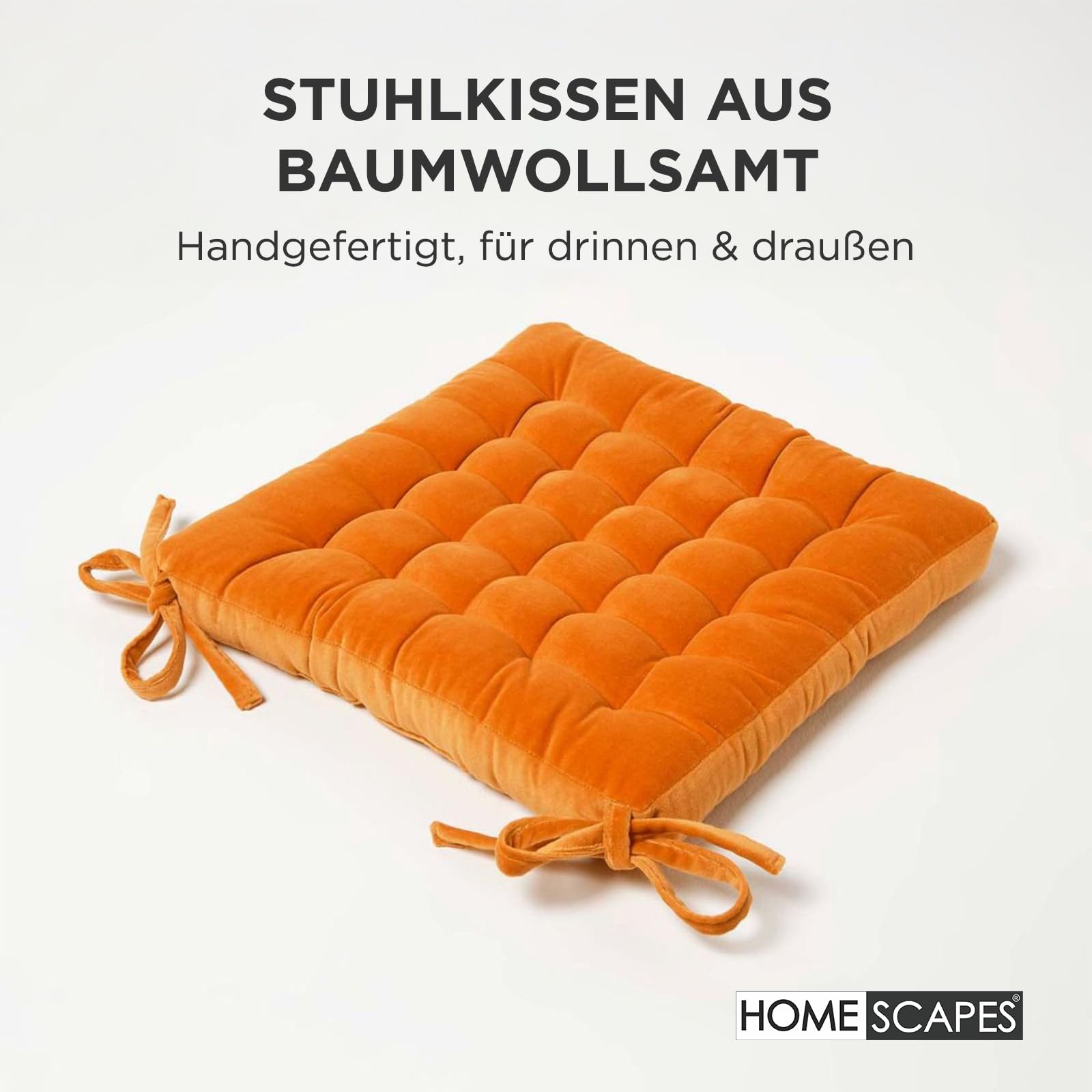 Homescapes 4er Set Sitzkissen Samt orange – Stuhlkissen 40x40 mit Bändern, Sitzauflagen Baumwollsamt, bequem, weich & Oeko-TEX-Zertifiziert