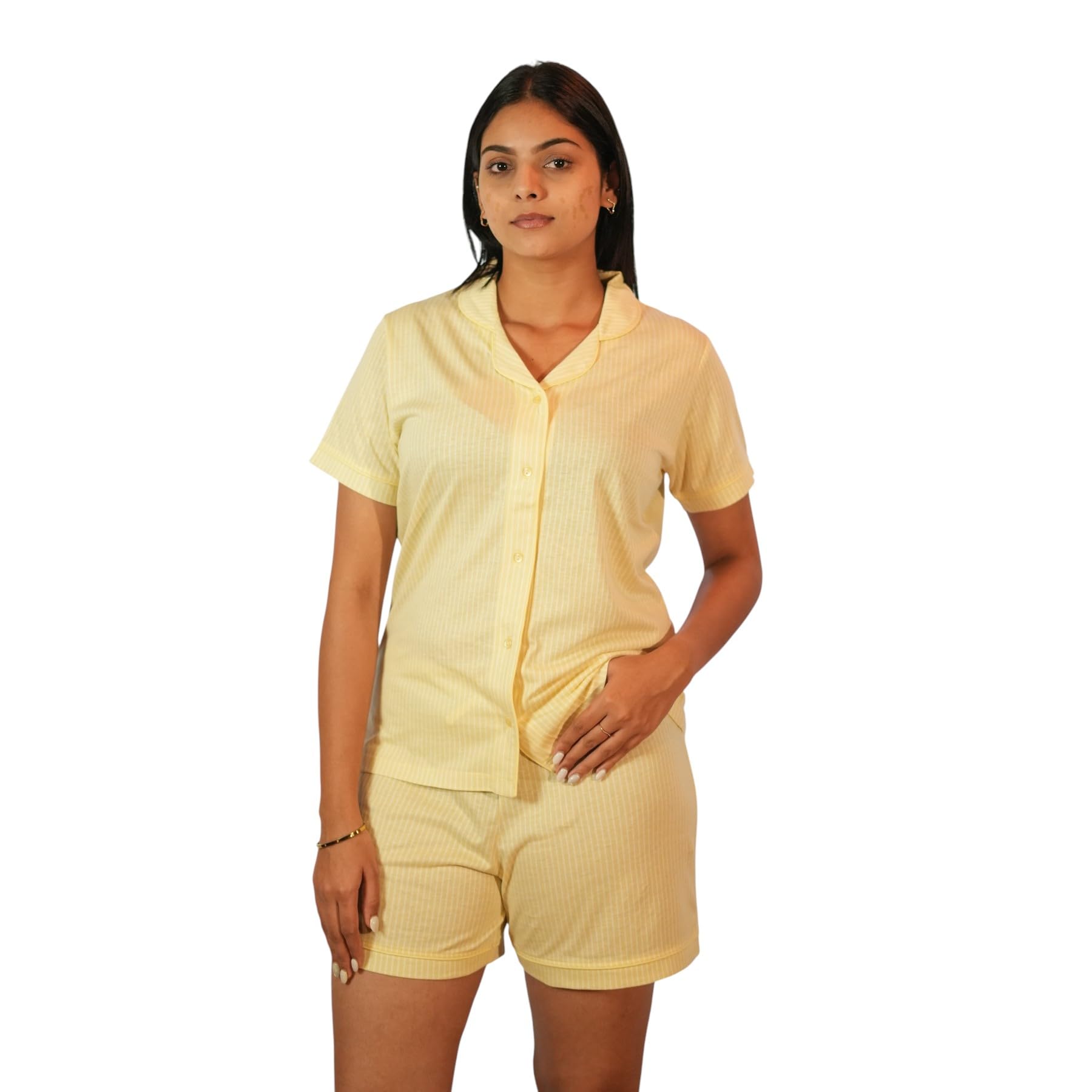 seul Women’s Full Open Button Shirt with Matching Shorts | Soft Comfortable Nightwear & Loungewear Set | Breathable Homewear Pyjama Set | Stylish Relaxed Fit Sleepwear for Women (Yellow Stripes)-picture-37