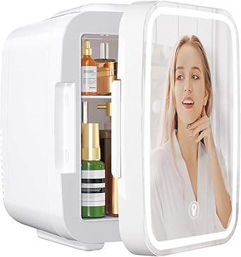 YASHE Skincare Fridge Mini Fridge for Bedroom with Dimmable LED Mirror, 4Liter/6 Cans Cooler and Warmer for Makeup, Cosmetic, Beauty, Portable Refrigerator for Bedroom, Vanity, Office and Car- White
