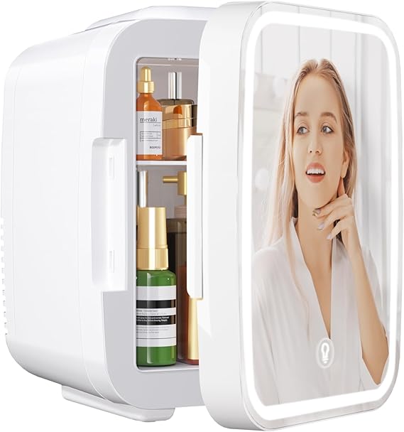 YASHE Skincare Fridge Mini Fridge for Bedroom with Dimmable LED Mirror, 4Liter/6 Cans Cooler and Warmer for Makeup, Cosmetic, Beauty, Portable Refrigerator for Bedroom, Vanity, Office and Car- White
