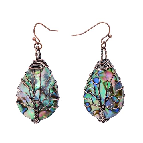 Handmade Teardrop Abalone Shell Dangle Earrings for Women, Wire Craft Tree of Life Earrings