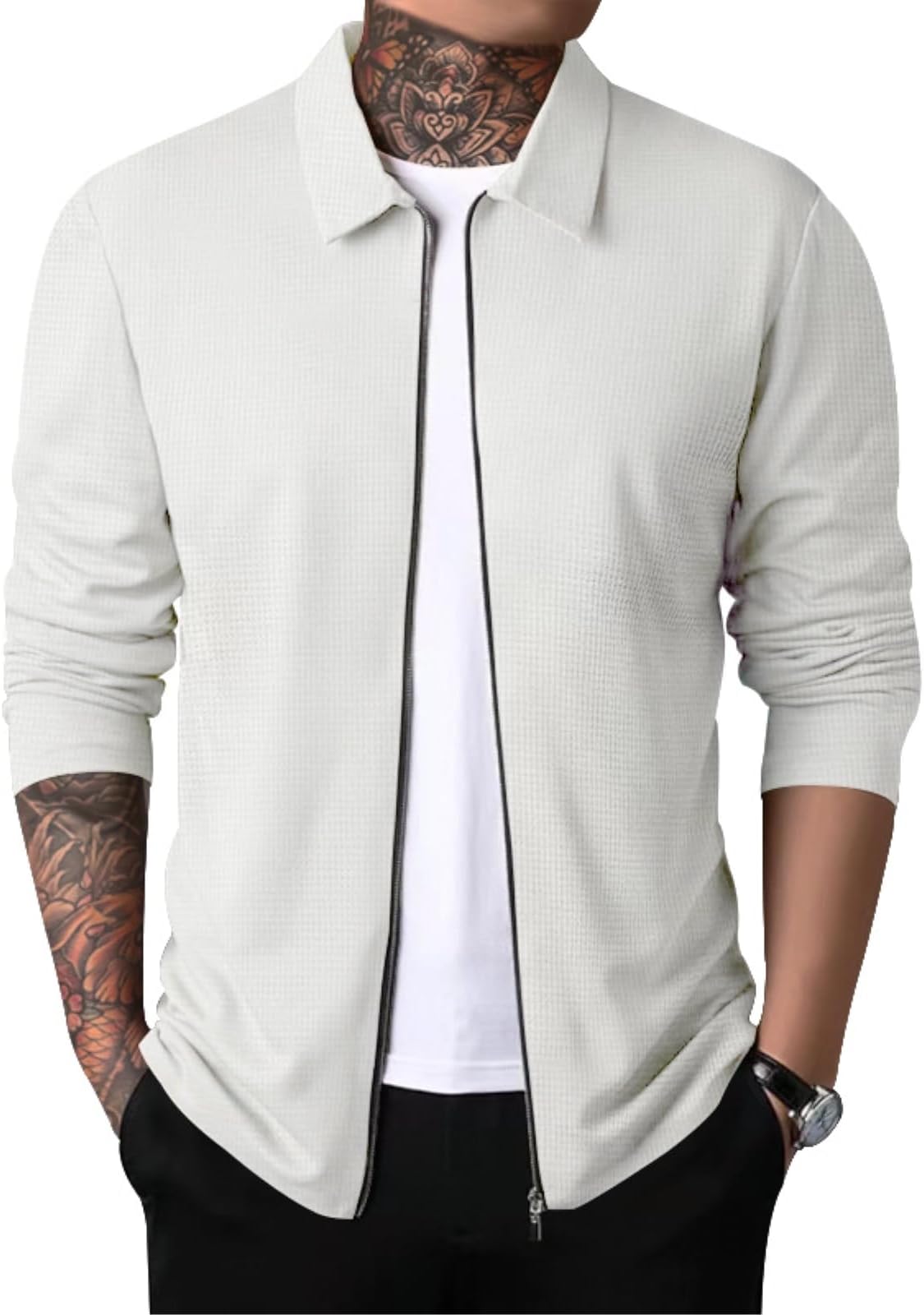 Men Casual Cardigan Sweaters Laydown Collar Zipper Closure Solid Color Long Sleeve Waffle Jackets