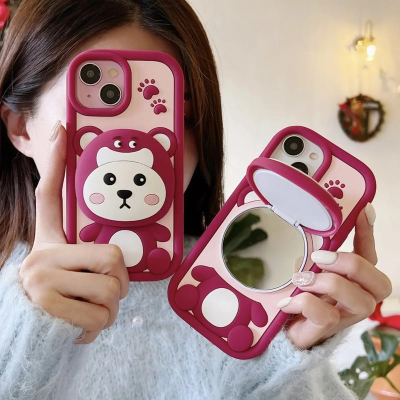 Image of COVERLY 3D Strawberry Bear Mirror Cartoon Stand Case,Premium Silicone Full Protective Case Cute Teddy Love Phone Holder Makeup Mirror Cute Kawaii Aesthetic Cover for Apple iPhone 14 Plus