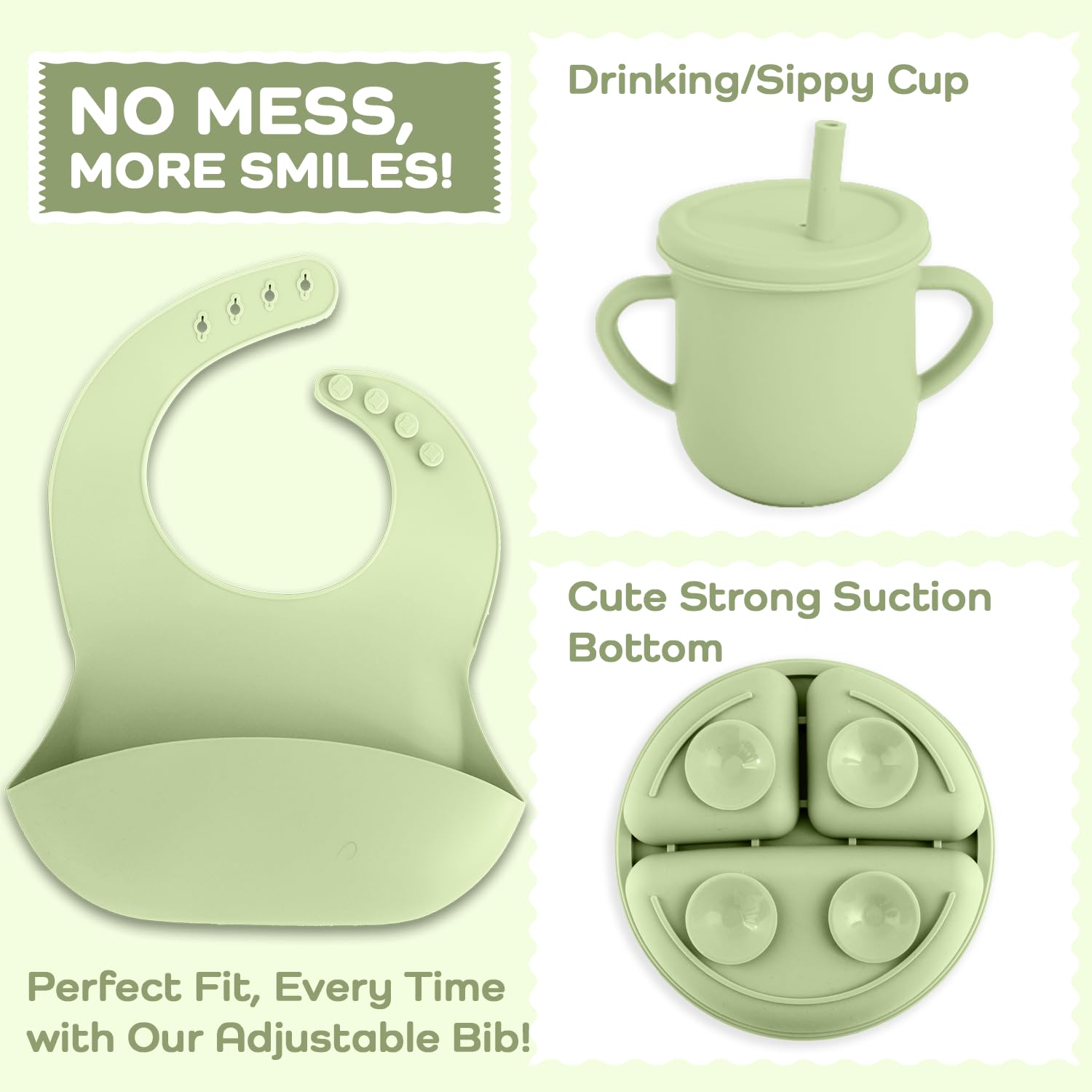 FlexiBaby 6 PCS Silicone Baby Feeding Set for Toddler First Eating - Led Weaning Supplies with Suction Divided Plate, Bowl, Cup, Bib, Spoon & Fork - Infant Self Feeding Dishes & Utensils (Green)
