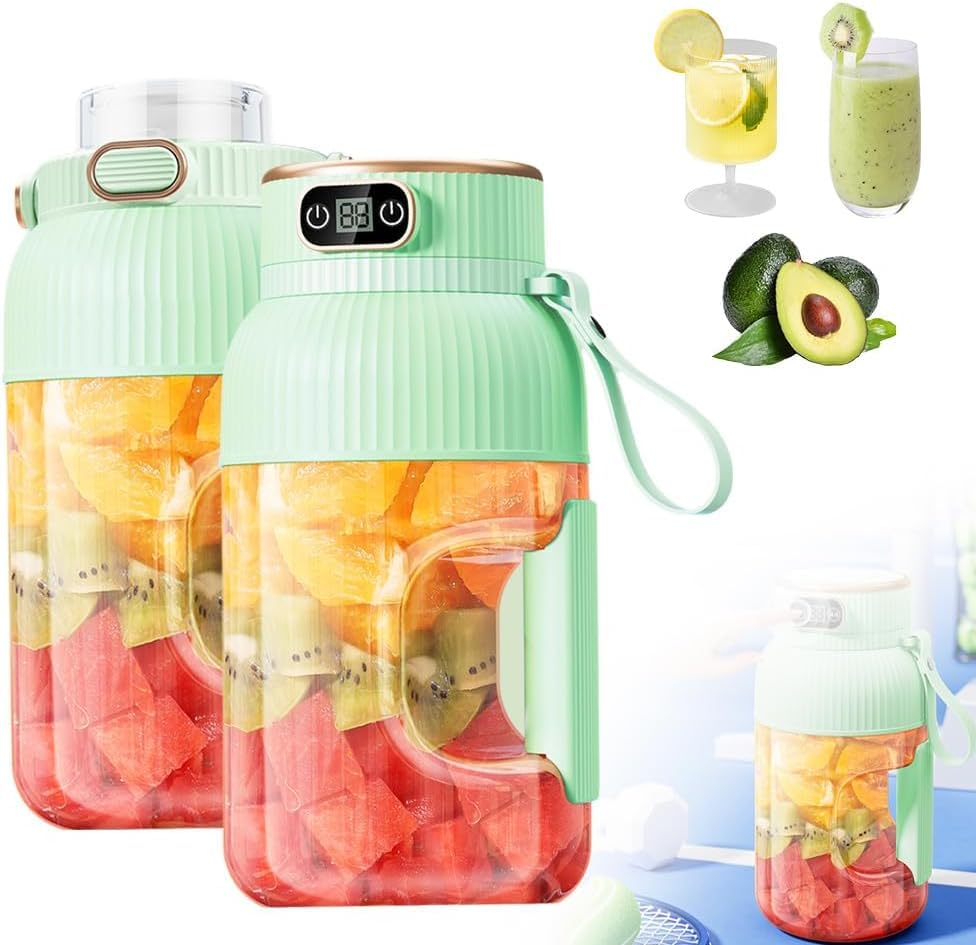 Multifunctional Portable Juicer Cup with Digital Display, Portable Blender with Direct Drinking Lid, Fresh Juice Large Capacity Travel Blender for Shakes and Smoothies (Cyan-Double cups and lids)
