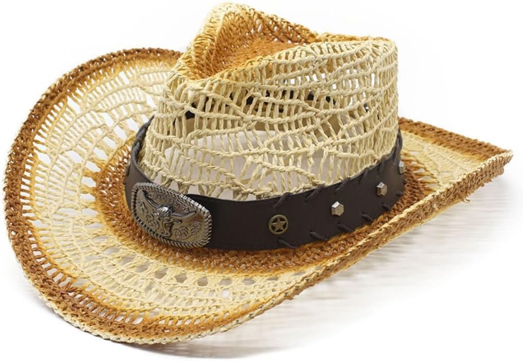 Western Cowboy Hat, White Straw with Brown Band, Decorative Buckle and Studs