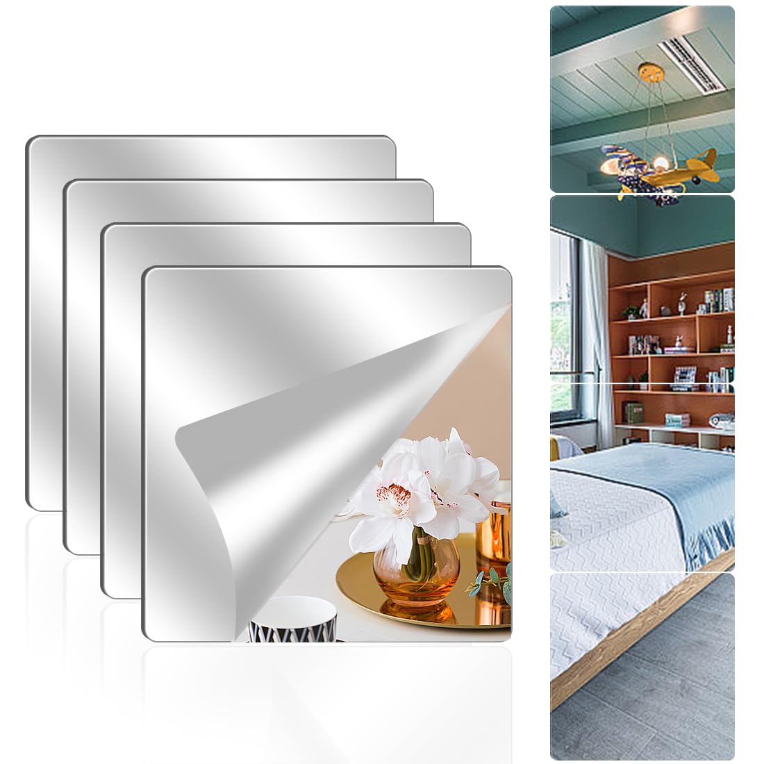 4 Pack Wall Mirror Full Length, 16 x 16 Inch Unbreakable Acrylic Mirror Tiles, Shatterproof Flexible Plastic Mirror Sheets for Bedroom Home Gym Door (4P 16"x16")-image-20