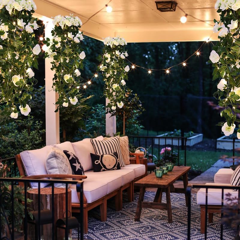 Miniatura 8 de RECUTMS Plantas artificiales colgantes, 2 piezas, 3.3 pies, rosas, flores, vides, bodas (blanco)