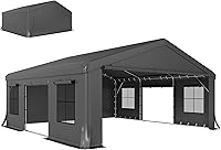 Outsunny 20x20 ft Heavy Duty Carport Garage - Reinforced Galvanized Steel Frame, 3 Roll-Up Doors, 4 Mesh Windows, UPF30+ Protection for Cars Trucks Boats Dark Gray