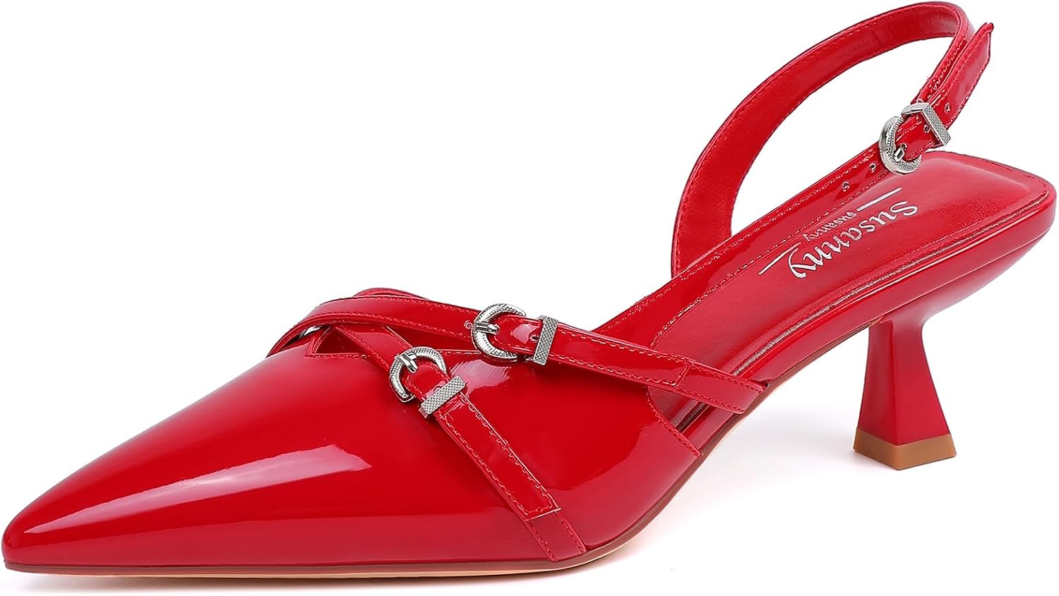 Susanny Burgundy Patent Slingback Kitten Heels for Women Closed Pointed Toe Strappy Dress Pumps Comfortable Stiletto Low Heels Sexy Buckle Strap Dressy Slip On Shoes for Wedding Bridal Work