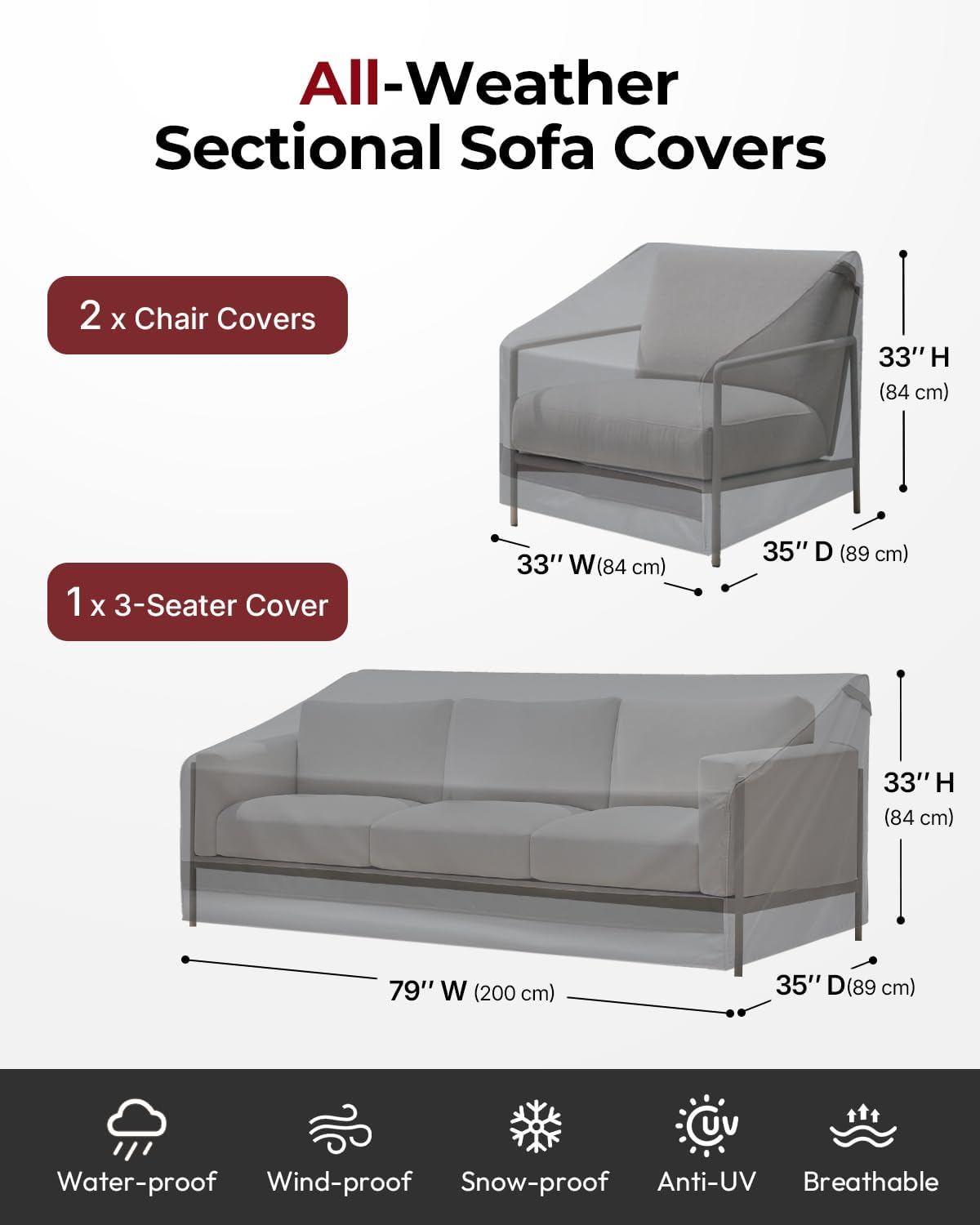 loriano 3-Piece Patio Furniture Chair Covers Set, Outdoor 600D Heavy-Duty Waterproof, Fits 3 Seater Sofa 79"x35"x33"& 2 Chairs 33"x35"x33", All-Weather Windproof Protection for Deck, Backyard (Gray)