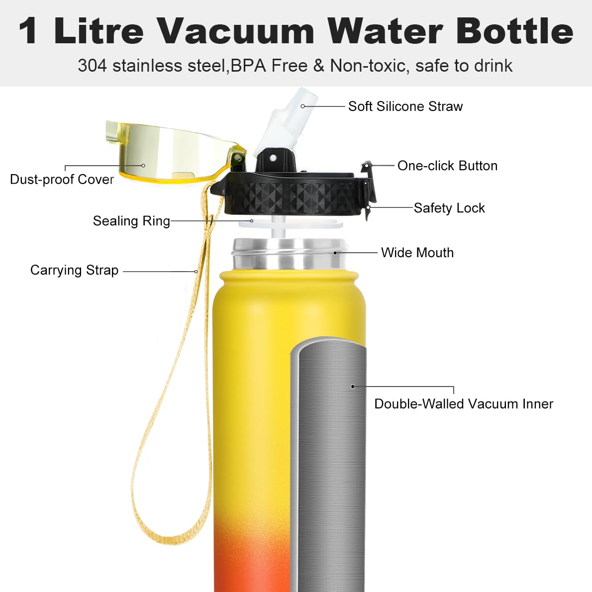 OLDLEY Stainless Steel Water Bottle with Straw 1L Vaccum Insulated Large Drink Flask Metal Water Bottles 1 Litre Leakproof Keep Drinks Hot Cold for Sports Gym Bike Adult(Yellow Orange - Image 4