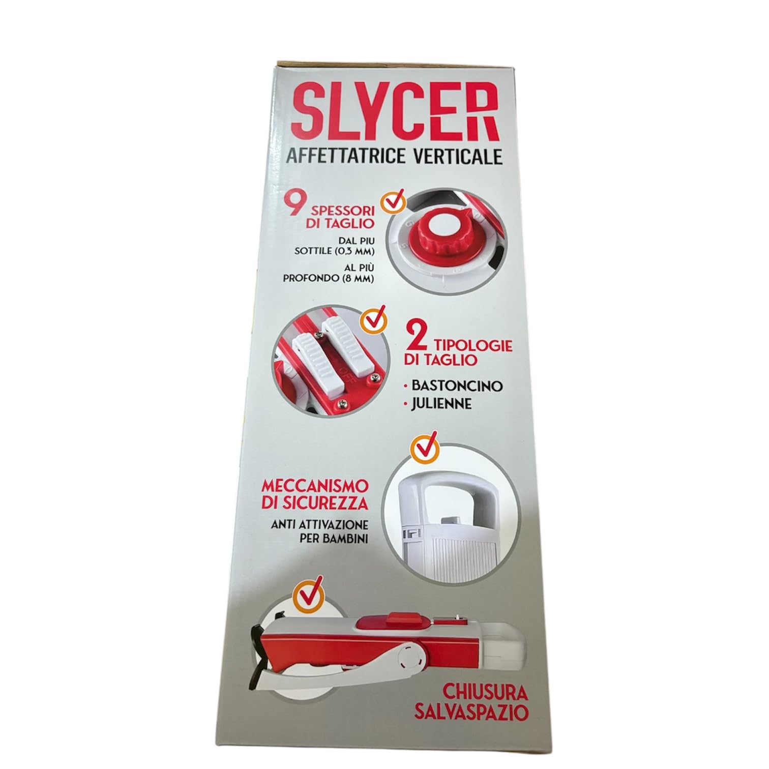 Affettatrice Verticale Professionale, Slycer per Salumi Formaggi e Carni, Rosso e Bianco, con Lama in Acciaio, Manico Estraibile, Base Stabile Antiscivolo