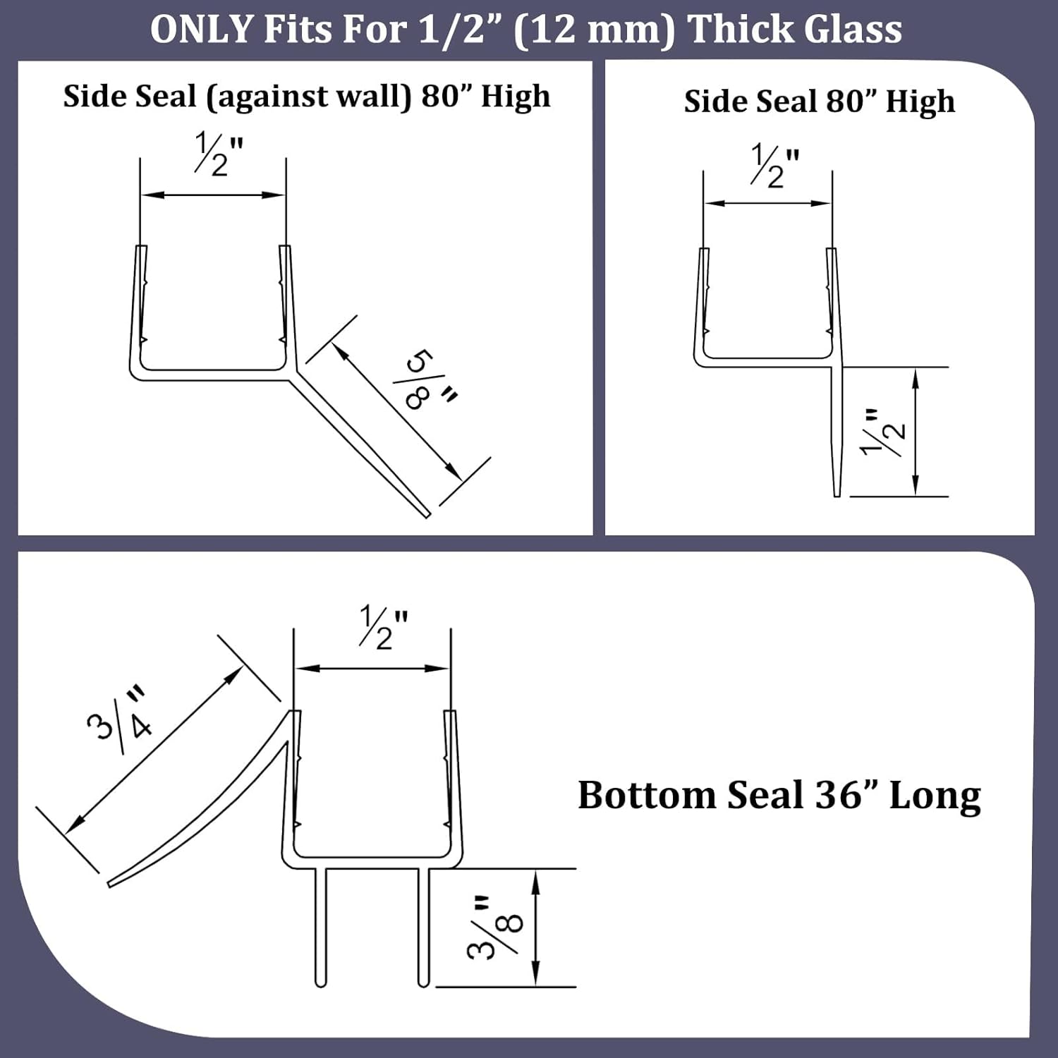 Shower Door Seal Set of 3, Bottom 36 ", Sides and Doorway 80 ", Fits 1/2" Glass, Ultra-Clear Polycarbonate Material Shower Door Waterproof Barrier.