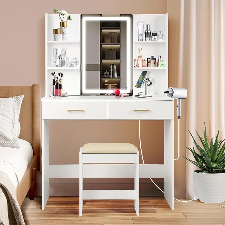 Ozone Furniture Engineered Wood Makeup Table with Mirror, 70W x 40D x 180H cm, 2 Drawers, Black and Brown-image-18