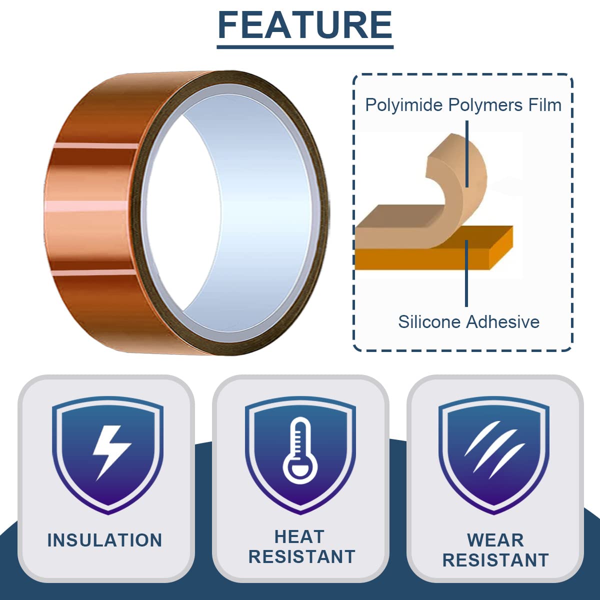50 mm x 28 m (90 pies) Cinta de alta temperatura Cinta de poliimida resistente al calor Cinta térmica Cinta Kapton para enmascarar/Soldar/Impresoras 3D / Batería