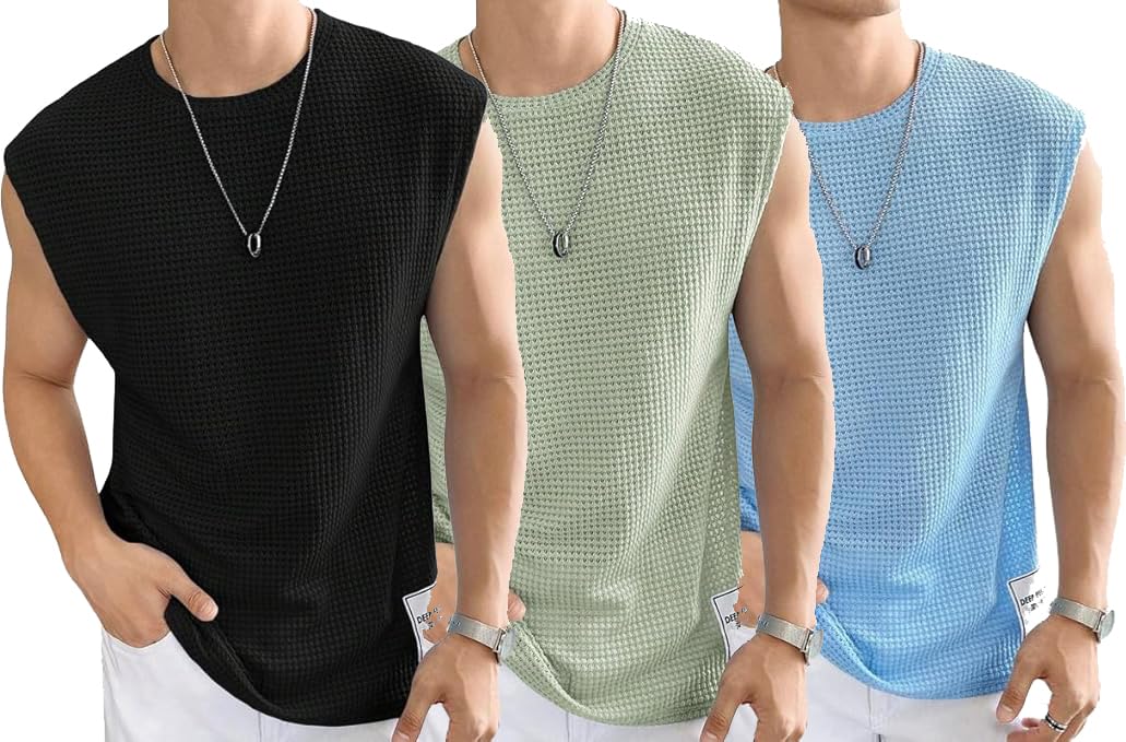 Trishikhine Mens Waffle Tank Tops Sleeveless Round Neck Polycotton T-Shirt for Gym, Running and Outdoor Vest-picture-2