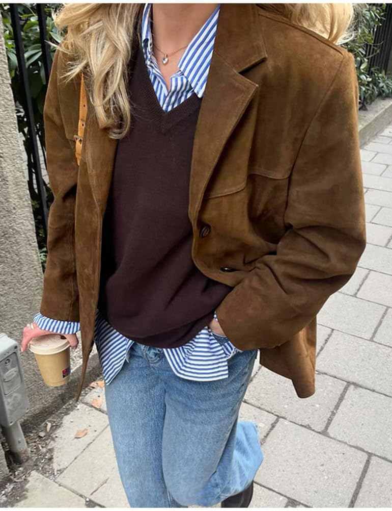 IDEALSANXUN Veste en daim pour femme - Automne et hiver - Style décontracté - Surdimensionné - En similicuir - Trench